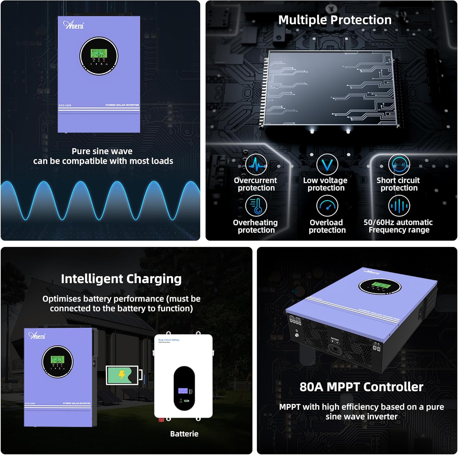 Anern 3200W Solar Hybrid Inverter, Pure sine Wave Inverter 24V DC to 220-230V AC, Built-in 80A MPPT Solar Charge Controller, Fit for 24V Lithium Lead-Acid Gel or Battery-Less