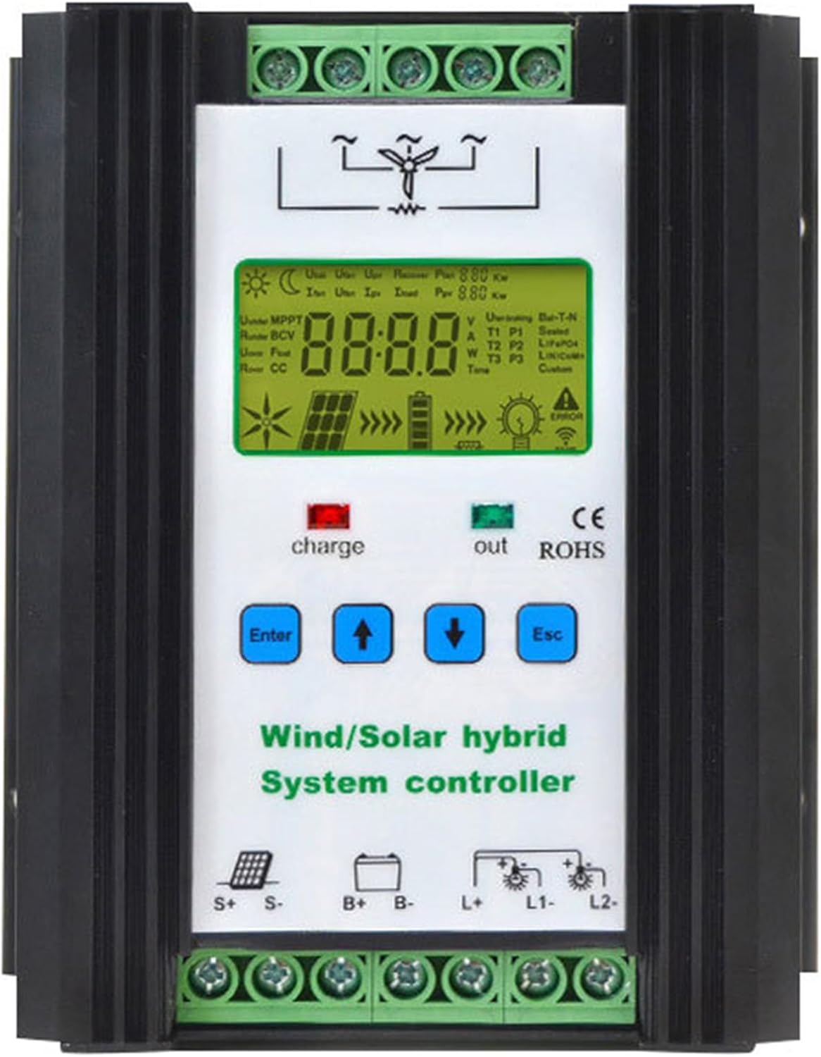 Wind Solar Hybrid Charge Controller with LCD Display 1000W-3000W,12V/24V/48V MPPT Hybrid Boost Controller for Wind Turbine Generator Charger Battery,24V