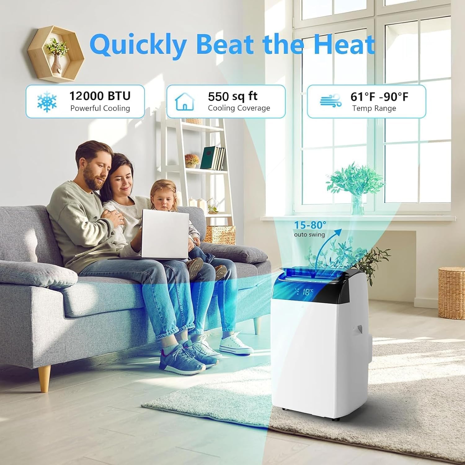 12,000 BTU (ASHRAE) / 8,000 BTU (SACC) Portable Air Conditioner for Spaces up to 550 Sq. Ft. 3-IN-1 Ultra-Quiet Room AC Unit with Cooling, Dehumidification, Fan Functions, Sleep Mode, 24-Hour Timer