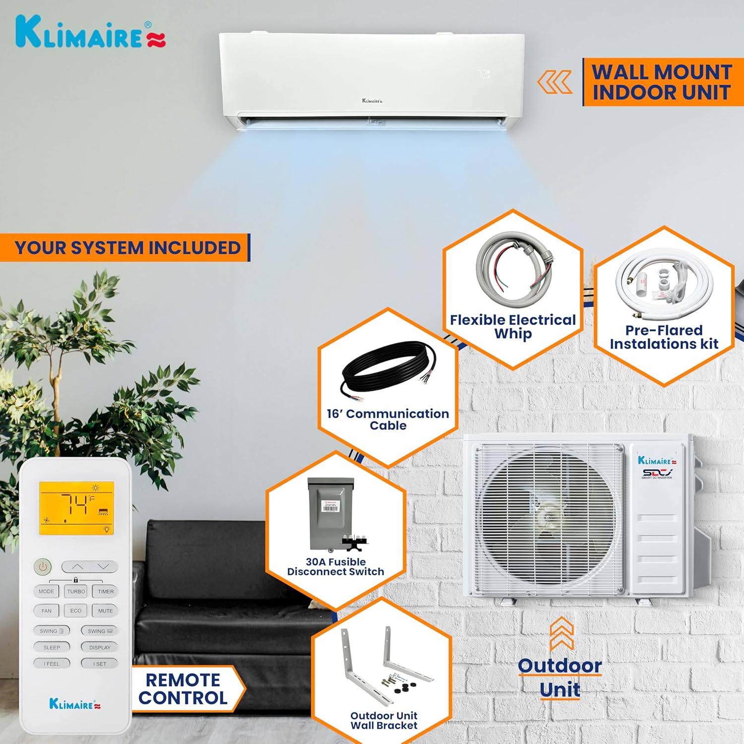 Klimaire 9,000 BTU 23 SEER2 Wall Mounted Ductless Mini Split Inverter A/C Heat Pump System w/ 16’ Installation Kit & Wall Mounting Bracket 115V