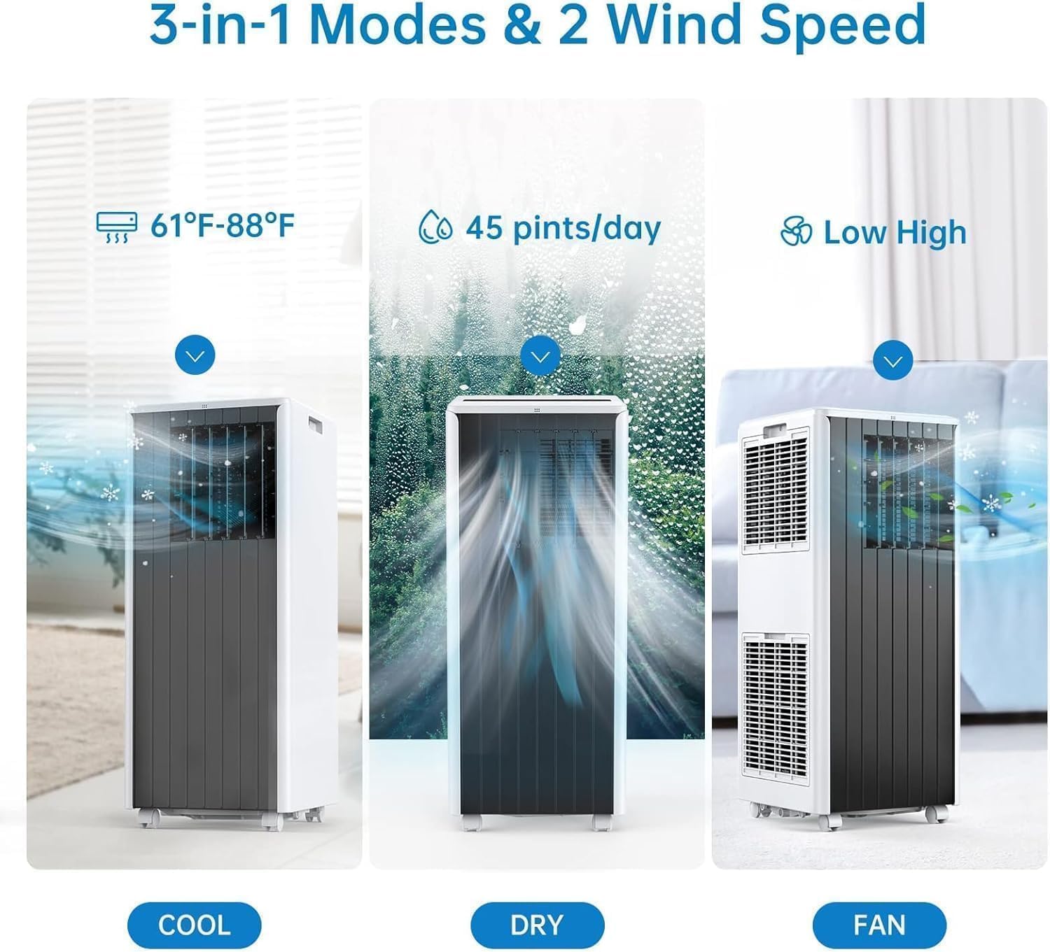 Portable Air Conditioner 8,000 BTU - 3-In-1 Cooling, Dehumidifier & Fan for Rooms Up to 350 Sq.Ft, Low Noise Sleep Mode & Complete Window Kit，Dark Grey