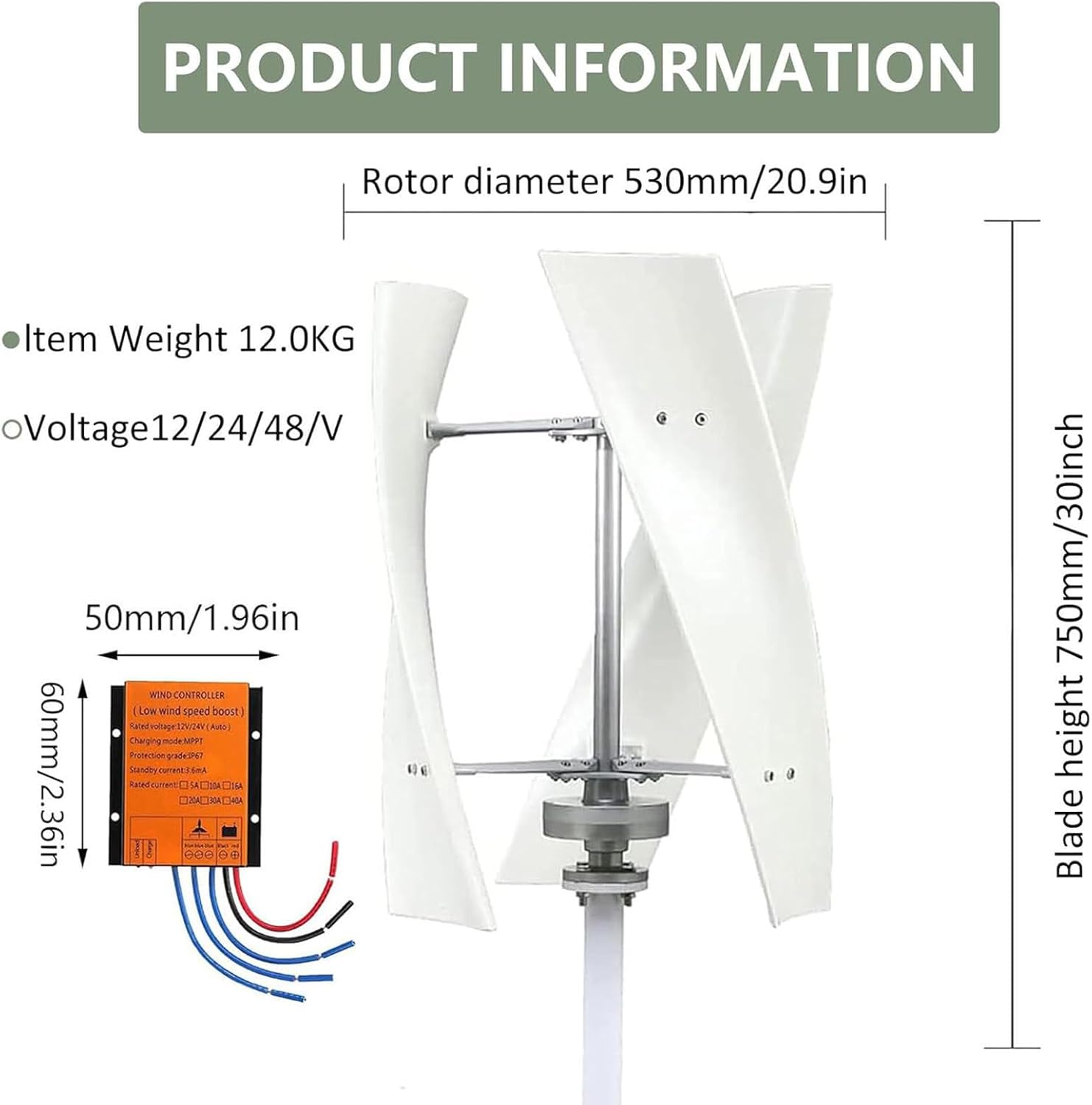 Wind Turbine Generator Kit,3000W Magnetic Levitation Upright Wind Turbine 12V 24V 48V 220V with Waterproof Charge Controller Electricity Producer Equipment for Home RV Roof 48V