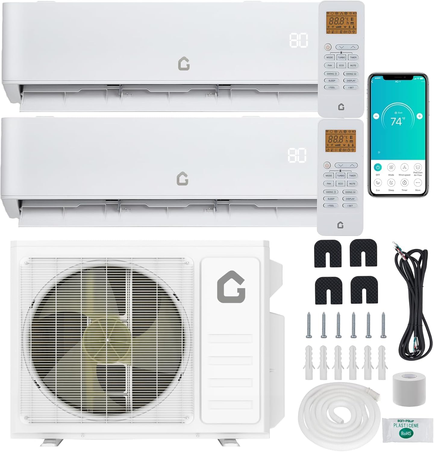 20000 BTU Two-Zone Mini Split Air Conditioner ，20 SEER2 208/230V Wall-Mounted Inverter w/ R454B Refrigerant，12000+12000 BTU WiFi mini split ac cooling/heating system for 1100 Sq.Ft