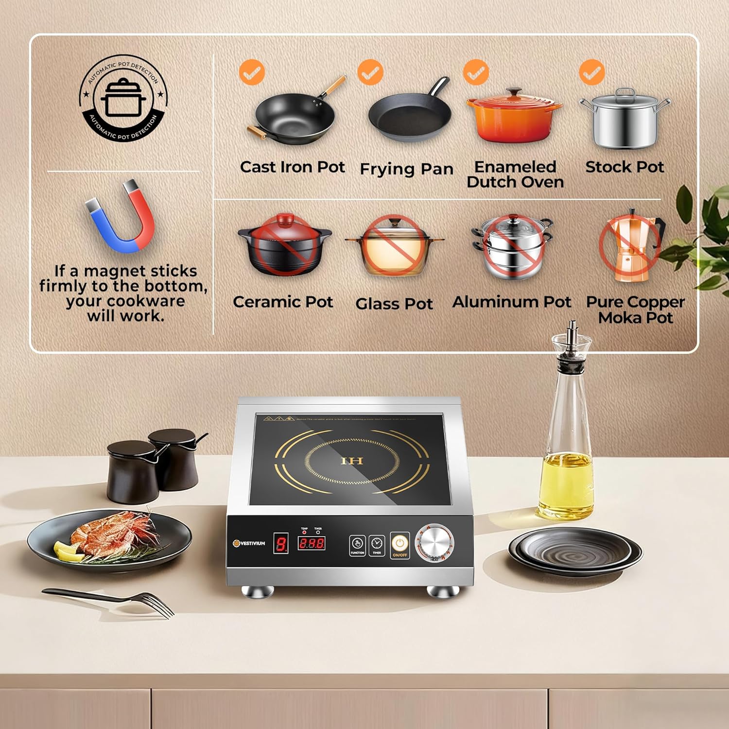 Commercial Induction Cooktop 3500W/220V, Professional Portable Countertop Burner, 9 Power/Temp Levels Dual Cooling Fans IPX4 Waterproof 72H Continuous Use, Overheat Protection