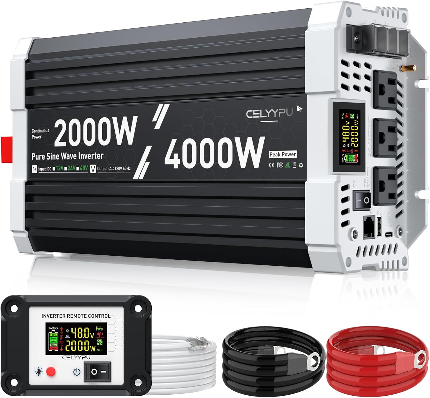 2000 watt Pure sine Wave Inverter, 48V DC to 110V AC Power Inverter, Used for Solar Emergency Power Supply in RV Homes, with 3 AC Output sockets, USB Port, Type-C Port, Remote Control with LCD Screen