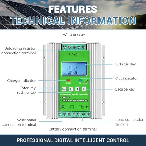 3000W Wind Solar Hybrid Charge Controller, MPPT Boost Regulator for 12V/24V/48V Off-Grid Systems, Ideal for Wind Turbines & Solar Panels, Efficient Battery Charging Solution