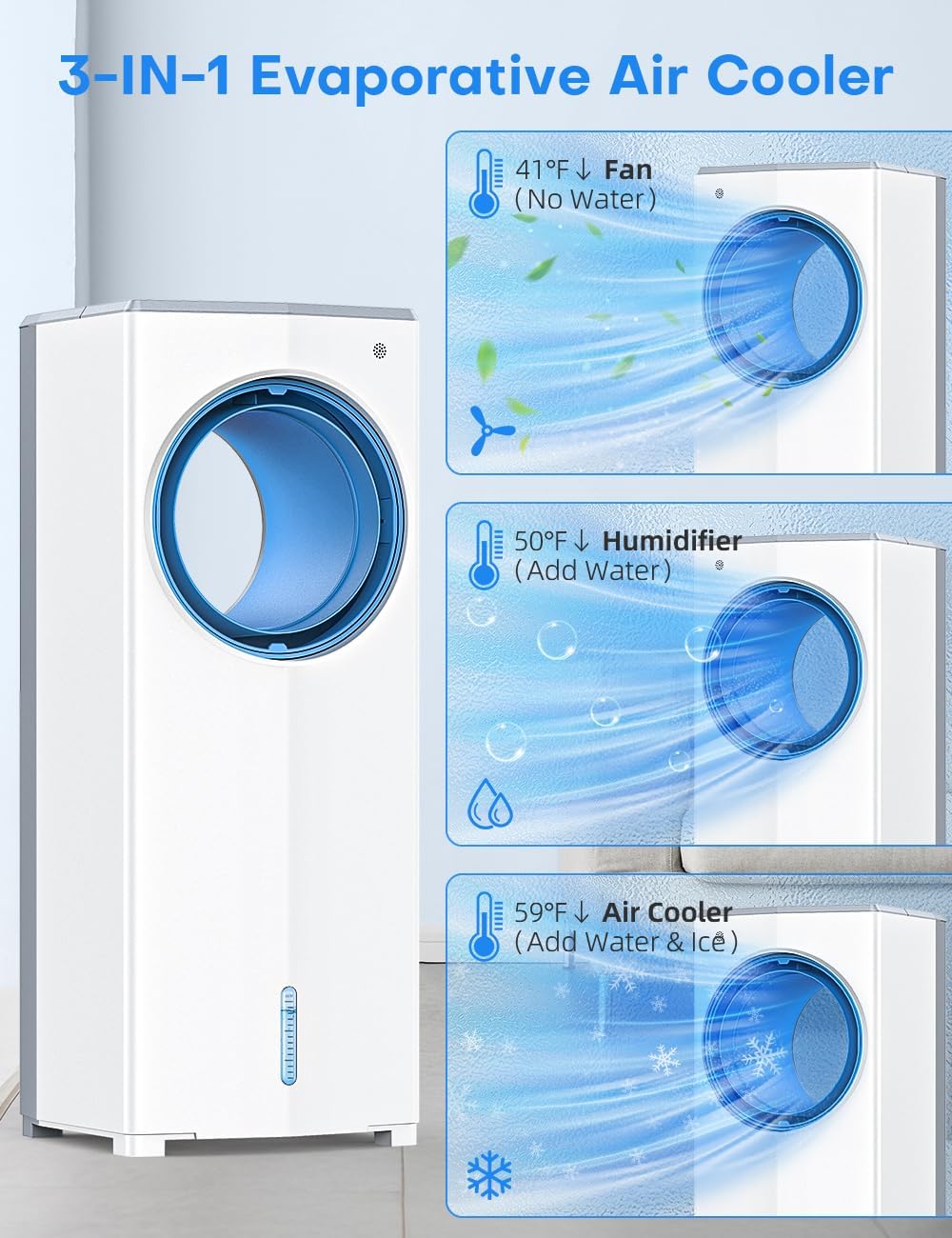 27 INCH Evaporative Air Cooler, Bladeless Windowless Air Conditioners w/4 Modes & 3 Speeds, 1 Gallon Double Tanks for 12H Cooling, 360°Auto Swing, 20ft Remote Control,7H Smart Timer, 4 Ice Packs