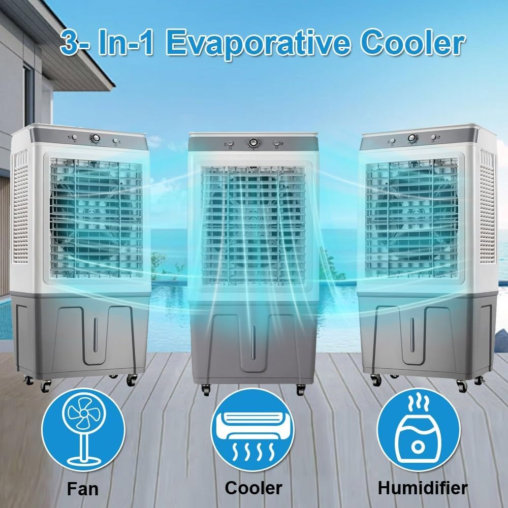 3-in-1 Evaporative Air Cooler, 9 Gal Water Tank Outdoor Air Conditioner, 120° Oscillation Swamp Cooler, 32inch Portable Cooling Fan For Indoor＆Outdoor