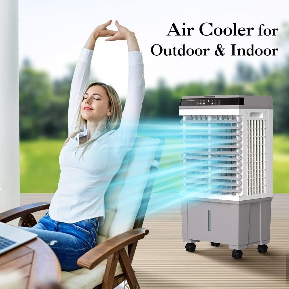 LifePlus Windowless Air Conditioner Evaporative Air Cooler Swamp Cooler 1800CFM Portable Cooling Fan with 4 Ice Packs, 12H Timer, Remote Control, 5.2 Gallon Water Tank for Indoor Patio