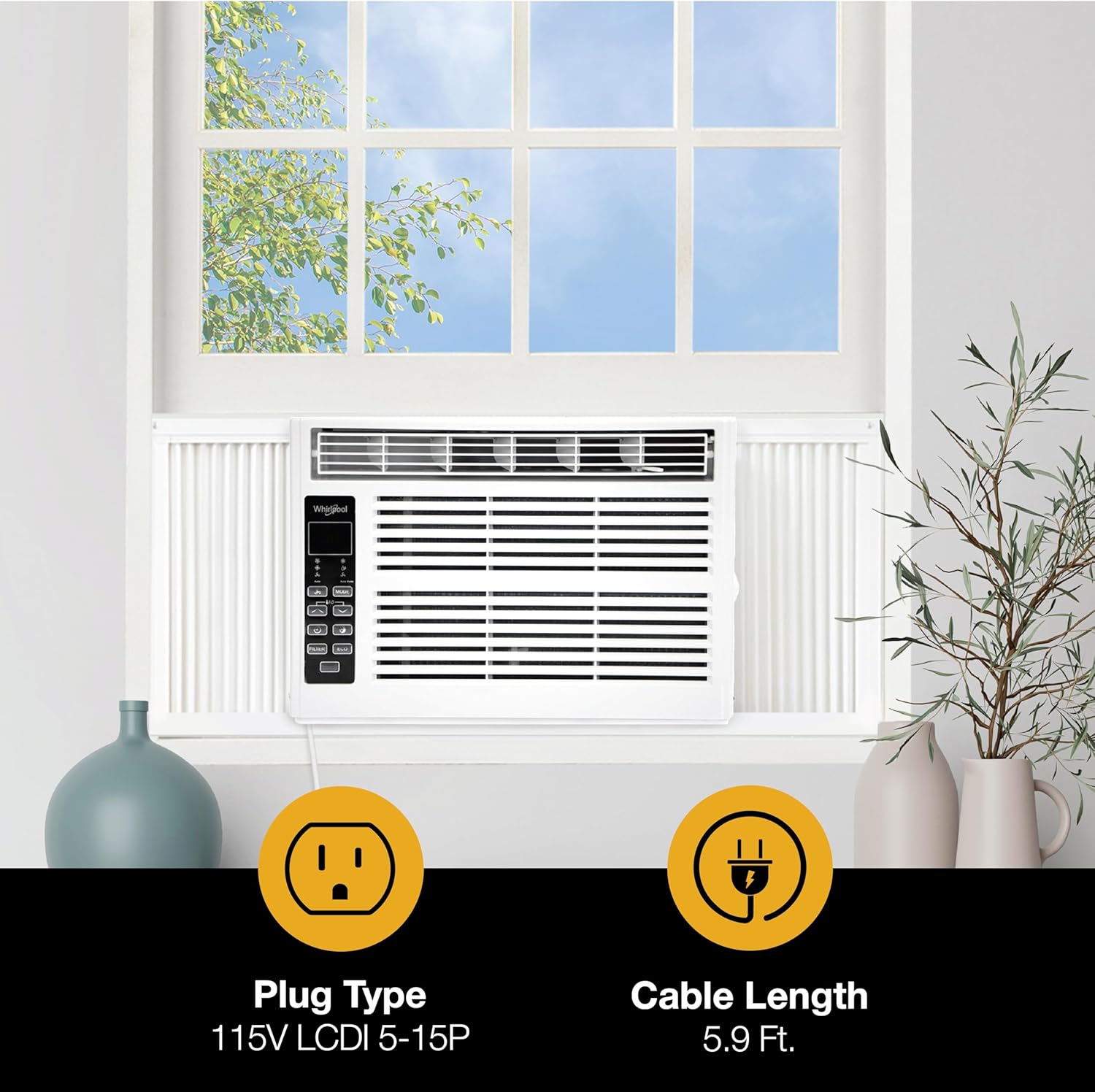 Whirlpool 8,000 BTU Window Air Conditioner with Dehumidifier, 115V, Window AC for Rooms up to 350 Sq. Ft., Living Room, Bedroom, or Apartment, with 3 Speeds, Remote Control, and 24H Timer, White
