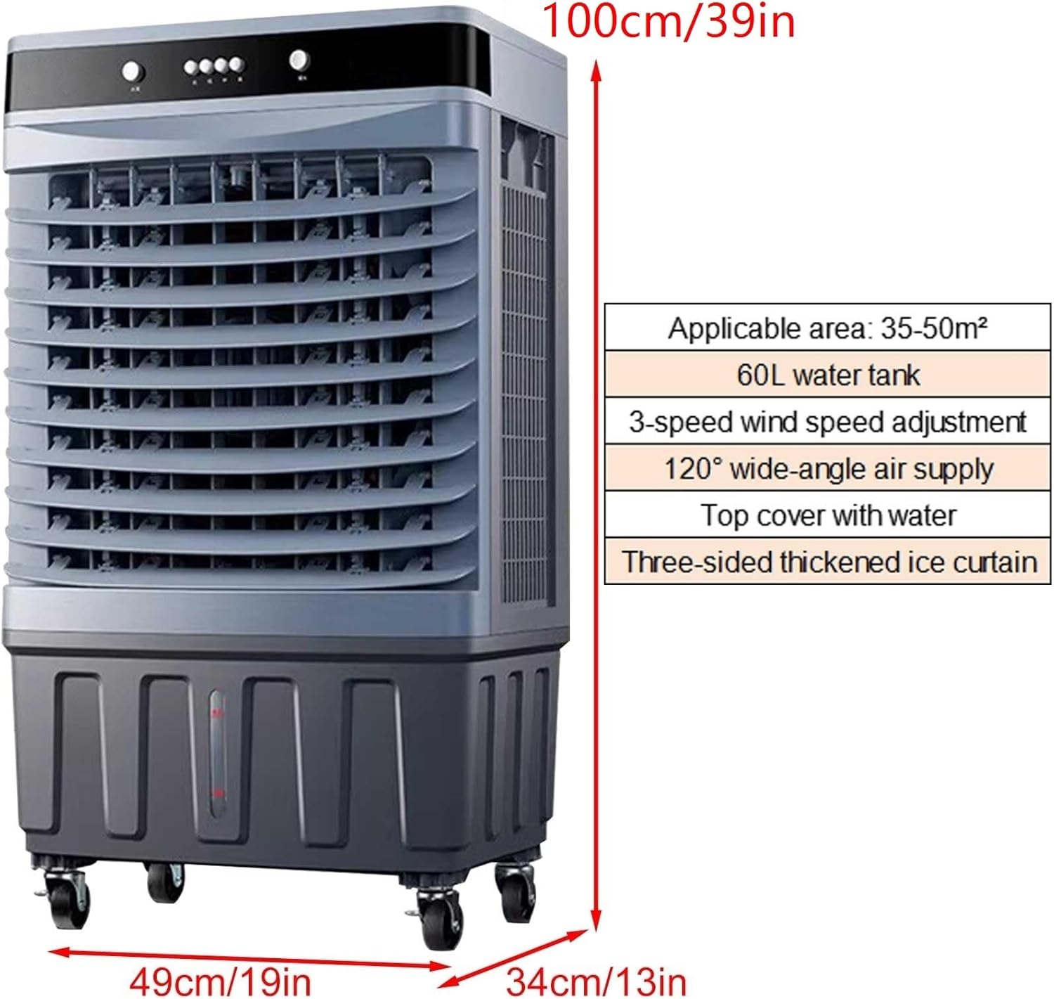 Swamp Cooler Air Conditioner with Water Tank, Evaporative Air Cooler with 4 Ice Box, Quiet Operation, 3 Wind Speeds for Outdoor Indoor Use(100cm/39in)