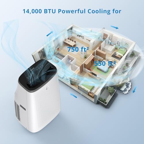14000 BTUs Portable Air Conditioner – 3-In-1 Ultra-Quiet Cooling, Dehumidifier & Fan for Rooms Up to 750 Sq. Ft, AC Unit for Large Room, Campervan, Sleep Mode, 24H Timer & Windows Kit, Black Top Cover