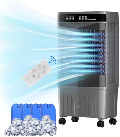 VCJ 5.3 Gal Swamp Cooler Air Conditioner, 3-In-1 12H Timer Evaporative Air Cooler with Remote, 3 Speeds, 4 Ice Packs, Portable Swamp Air Cooler for Room, Garage, Bedroom, Outdoor