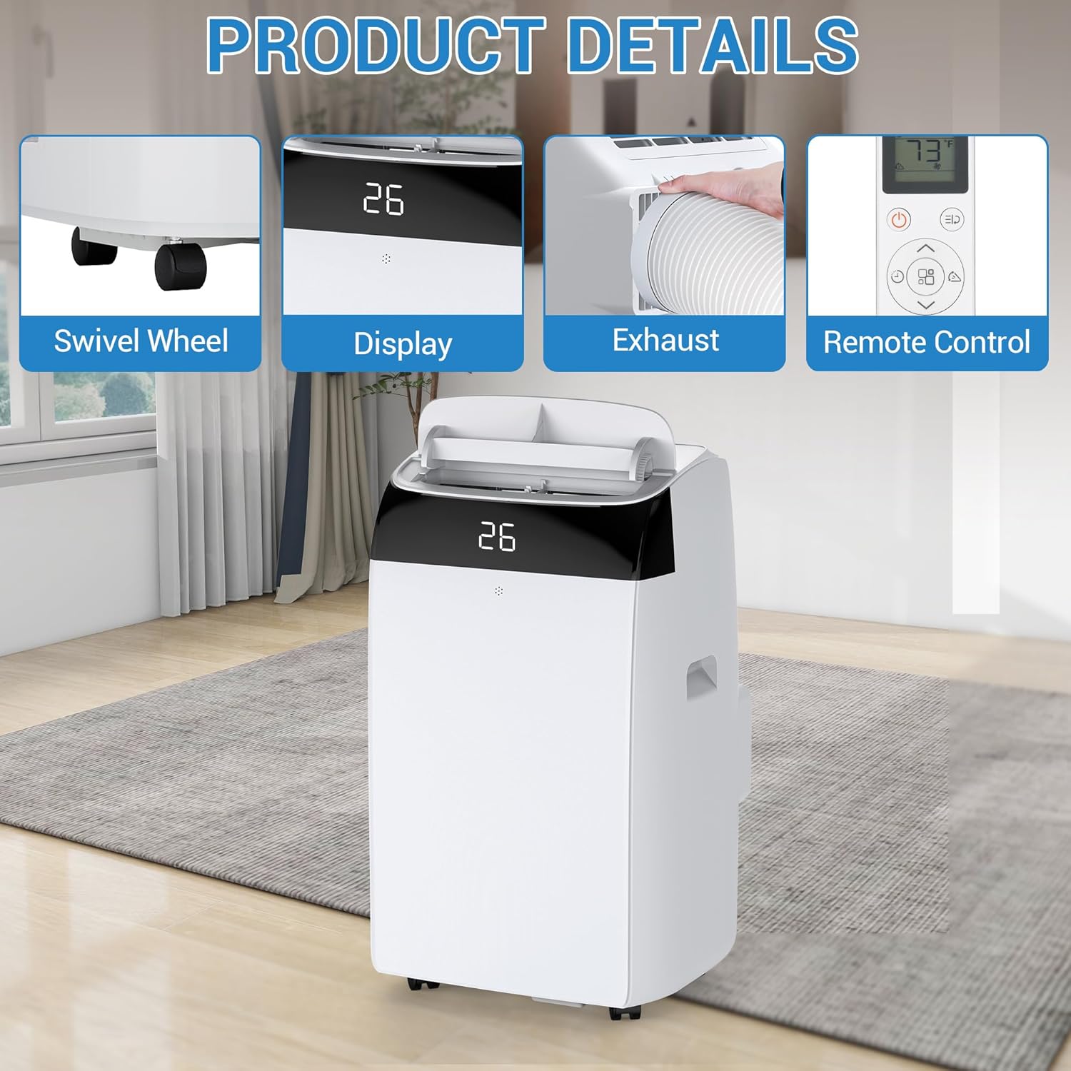 12,000 BTU Portable Air Conditioner - 3-in-1 Mobile AC Unit with Remote Control, Ultra-Quiet 48dB Operation, Covers 550 Sq.Ft, 24/7 Timer, Window Installation Kits for Home/Office/RV Use, White Top