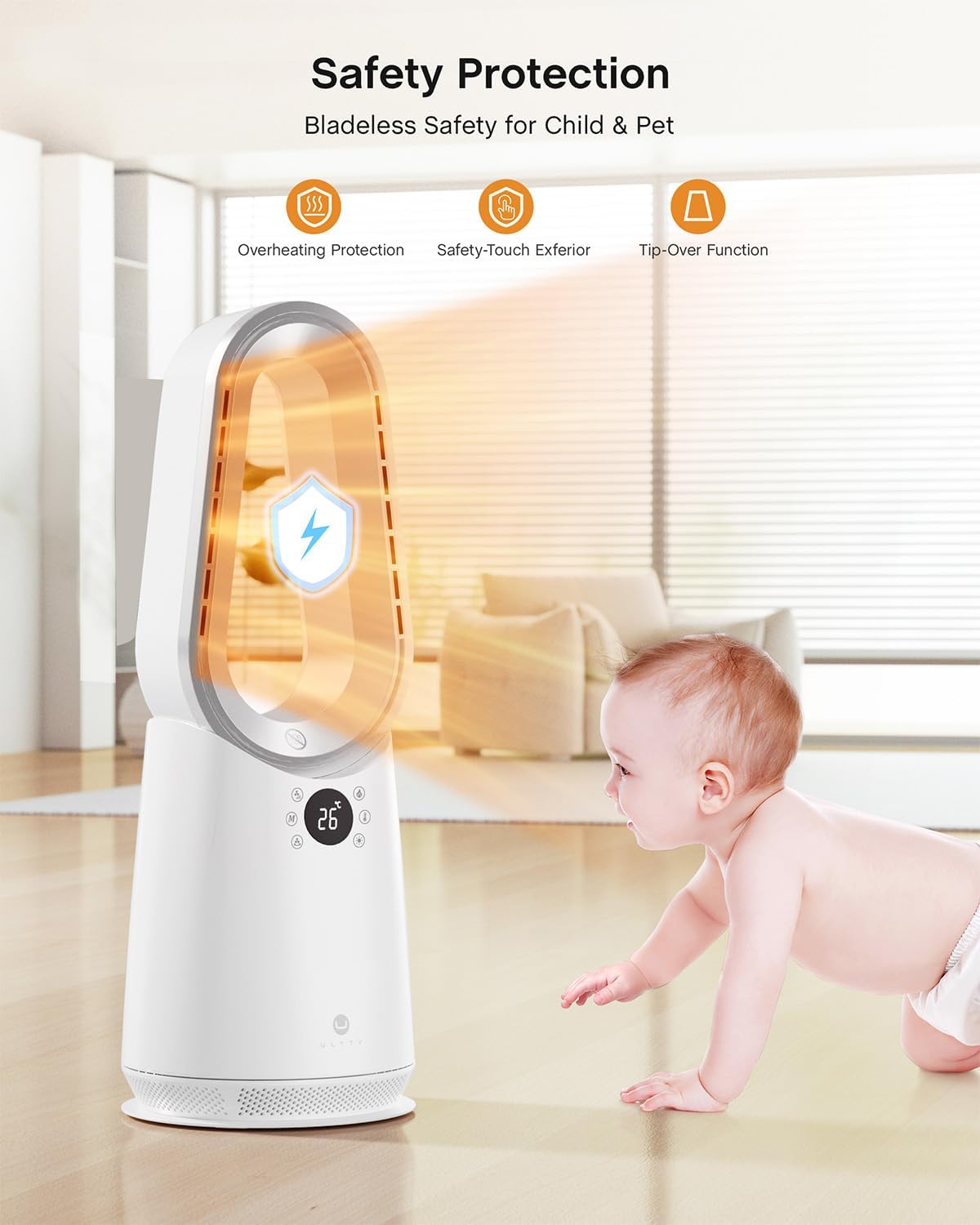 ULTTY Space Heater, Portable Electric Heaters and Cooler Fan Combo with Remote, 80°Oscillation, 9 Speeds, 3 Modes, 8 Timer, 6 Colors LED Light, Fast Safety Heat and Quiet for Office Bedroom Home