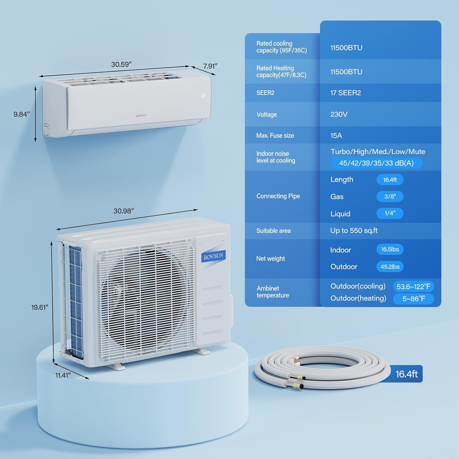ROVSUN 11500 BTU Mini Split Air Conditioner & Heater, 17 SEER2 230V Inverter Ductless Wall AC Unit for Rooms up to 550 Sq. Ft with Pre-Charged Condenser, Heat Pump & Installation Kit
