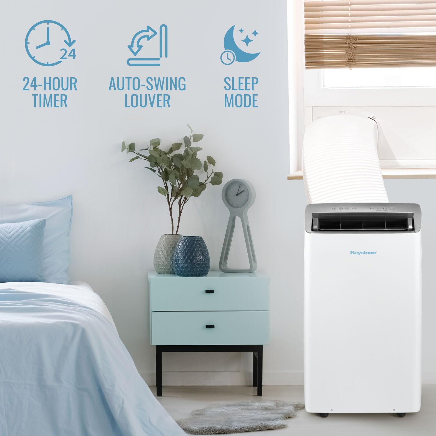 Keystone 14,000 BTU ASHRAE/12,000 BTU DOE Portable Inverter Air Conditioner with Heater, Quiet, High Efficiency Operation and Remote, AC Unit for Apartment, Living Room, Medium Rooms up to 550-Sq. Ft.