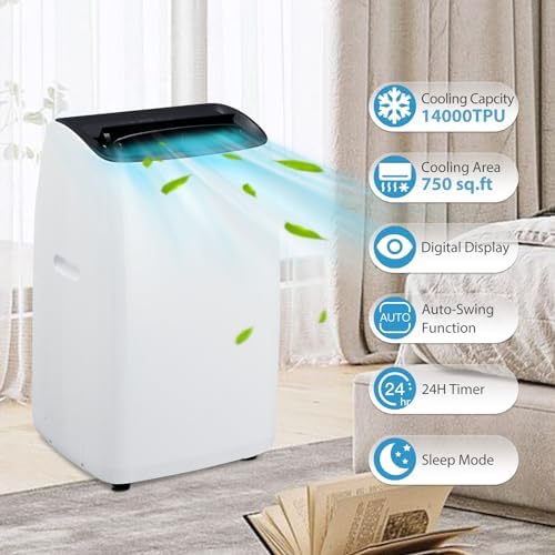 Portable Air Conditioner,14000 BTU Freestanding AC Unit for Rooms up to 750 Sq.Ft,Cooler, Heater, Dehumidifier and Fan, 4-in-1 AC with Remote Control and Window Kit, Sleep Mode 53db, White