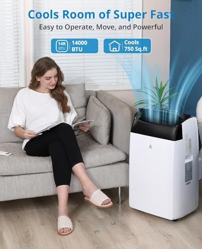 Portable Air Conditioners, 14000 BTU AC Unit with Remote Control, Energy Efficient Quiet Operation for Bedroom, Office, Dorm Rooms Up to 750 Sq. Ft, 24H Timer, White