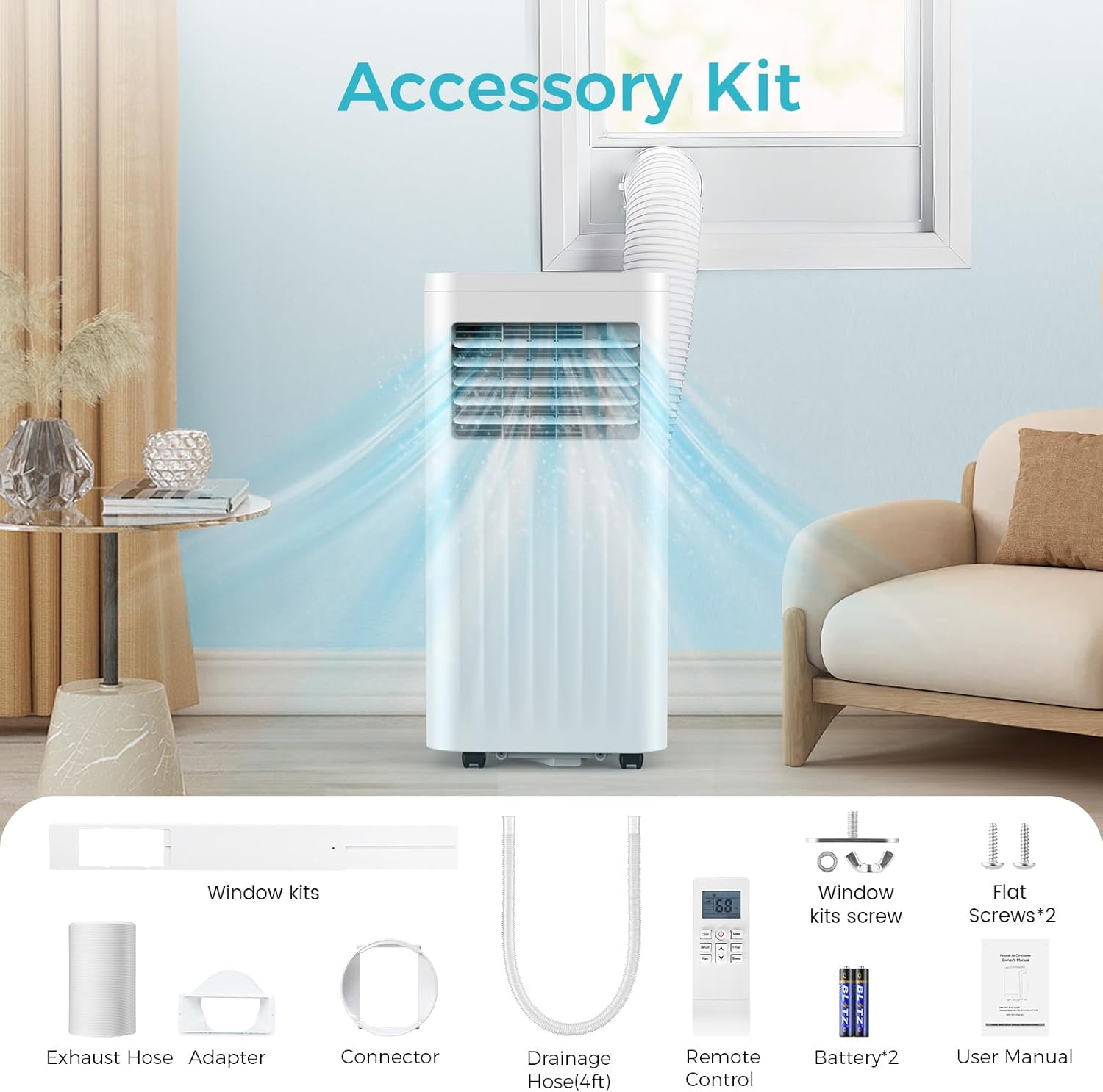 COWSAR Portable Air Conditioners, 10000 BTU Portable AC Unit with Dehumidifier & Fan, 24H On/Off Timer, Up to 450 Sq.Ft, Quiet Air Conditioner Portable for Room, Window Mount Kit & Remote Control