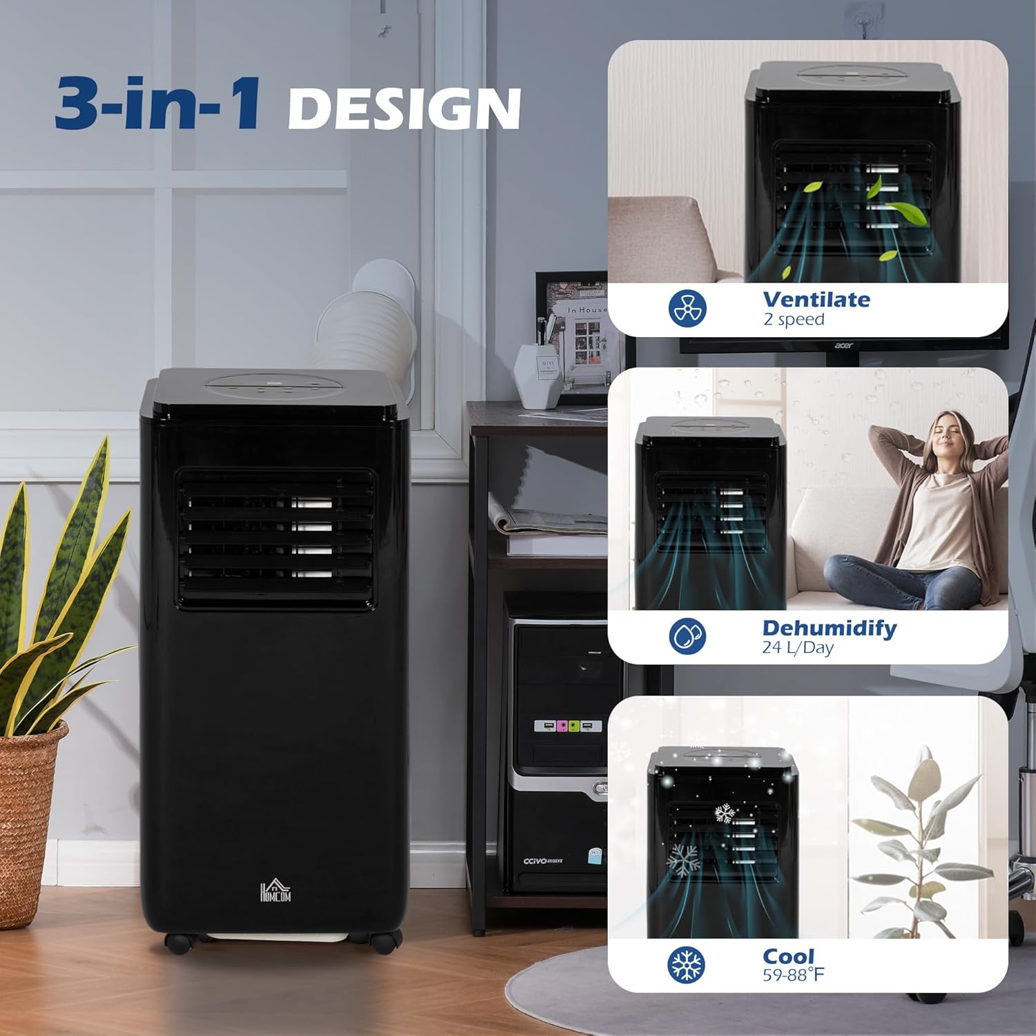 HOMCOM 8000 BTU Air Conditioner for Rooms Up to 345 Sq. Ft., 5-in-1 AC Unit with Cooling Fan, Dehumidifier, Auto, Sleep & Remote, 24H Timer On/Off, Window Installation Kit, Black