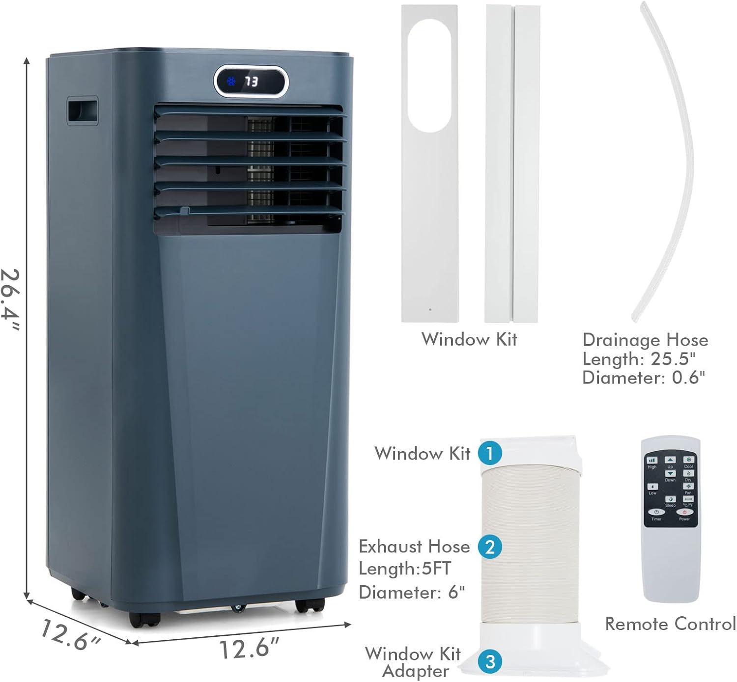 LDAILY Portable Air Conditioner, 8000 BTU for Rooms up to 230 sq.ft, 3-in-1 Evaporative Air Cooler w/Dehumidifying Fan & Remote Control, Sleep Mode, Window Kit, 24H Timer & LED Display, Dark Blue