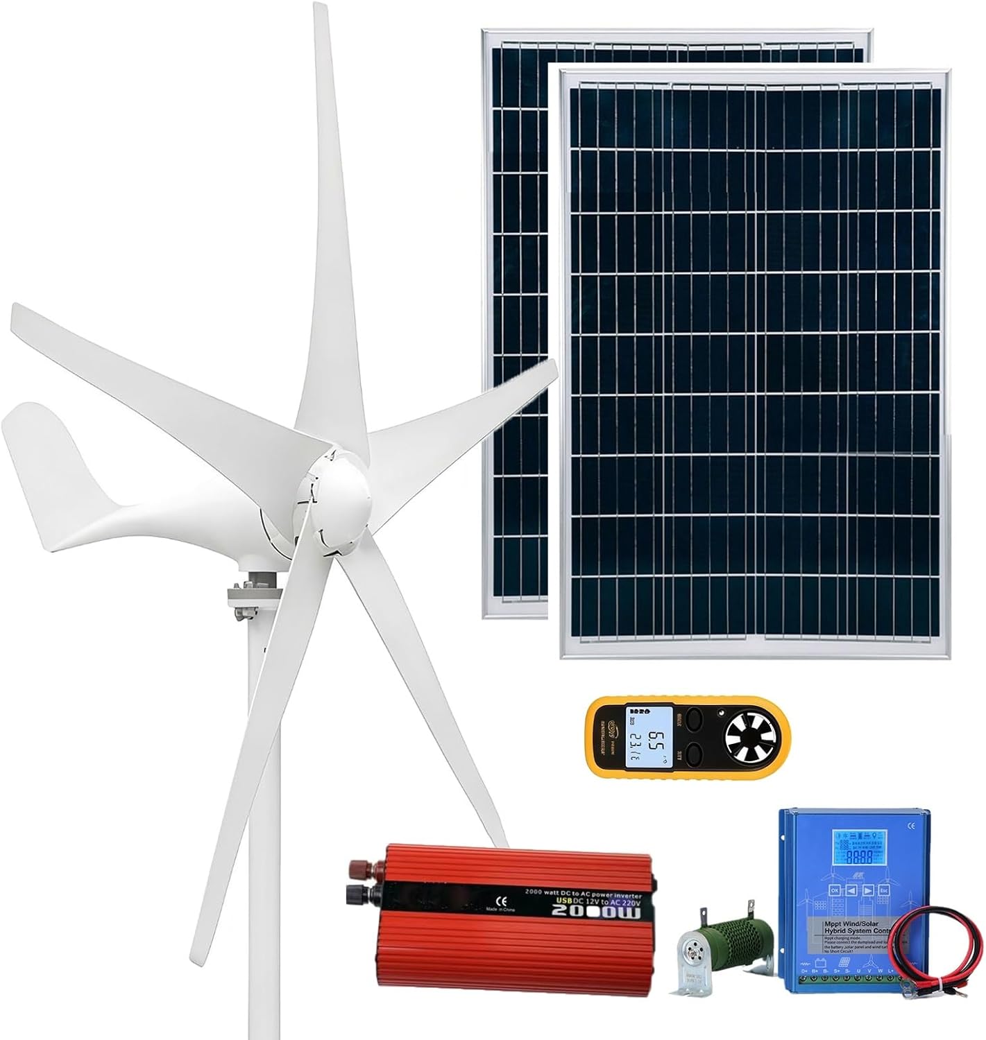 2200W Wind-Solar Hybrid Power System, 2x100W Solar Panels + 2000W Wind Turbine Generator + Intelligent Controller + 2000W Inverter, 12V/24V/48V, Eco-Friendly Energy Solution