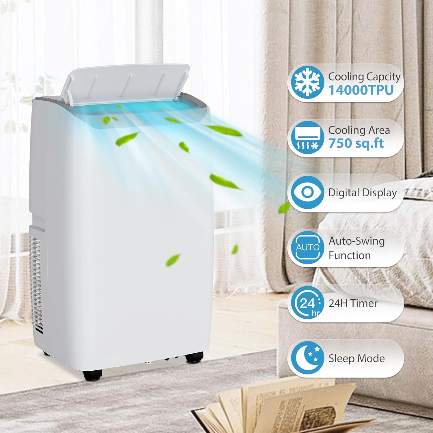 Portable AC, 14000 Btu Portable Air Conditioners with Remote Control, LED Display, 24h Timer, Installation Kits, Portable Ac Units for Rooms Cool Up to 750 Sq.Ft, White