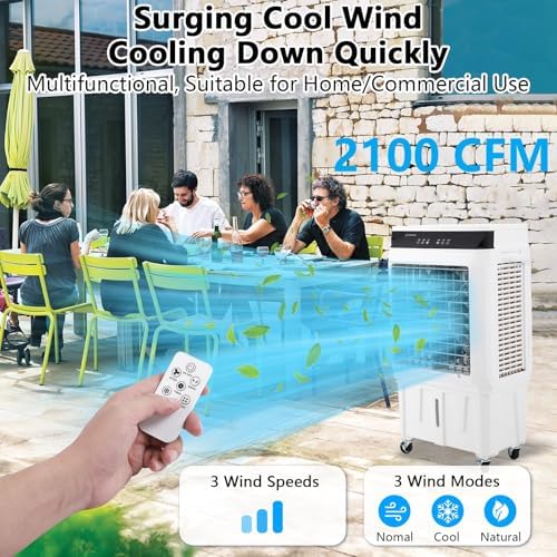 2100 CFM Swamp Cooler, 8.4 Gallon Evaporative Air Cooler with Remote Control, 3 Speeds, 12h Timer, 3-In-1 Swamp Cooler Air Conditioner, Portable Air Cooler Fan for Indoor Room Garage Outdoor Patio