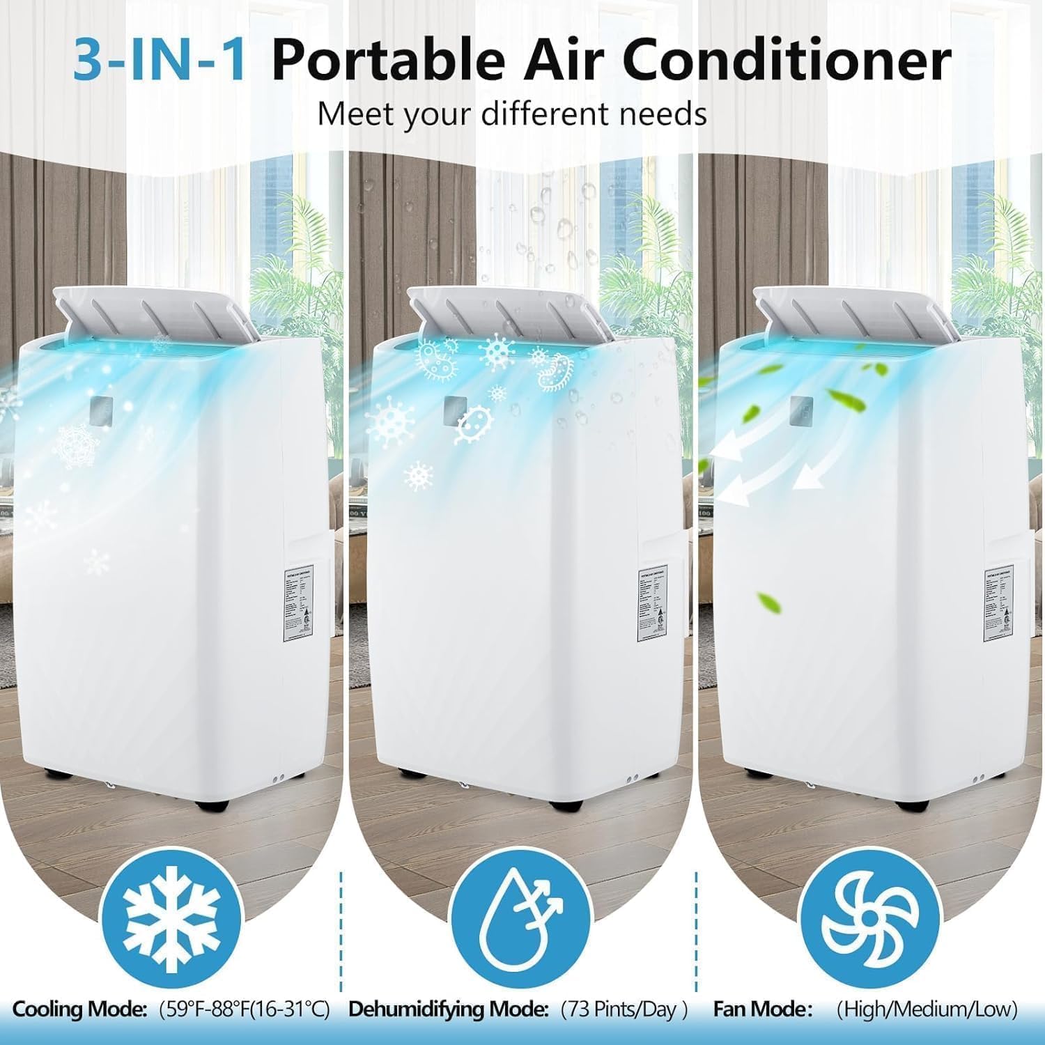 Portable Air Conditioners 14000 BTU, Energy Efficient AC with Remote Control & 24H Timer, Ultra Quiet Cooling Unit for Large Rooms Up to 750 Sq. Ft, Office, Bedroom, White