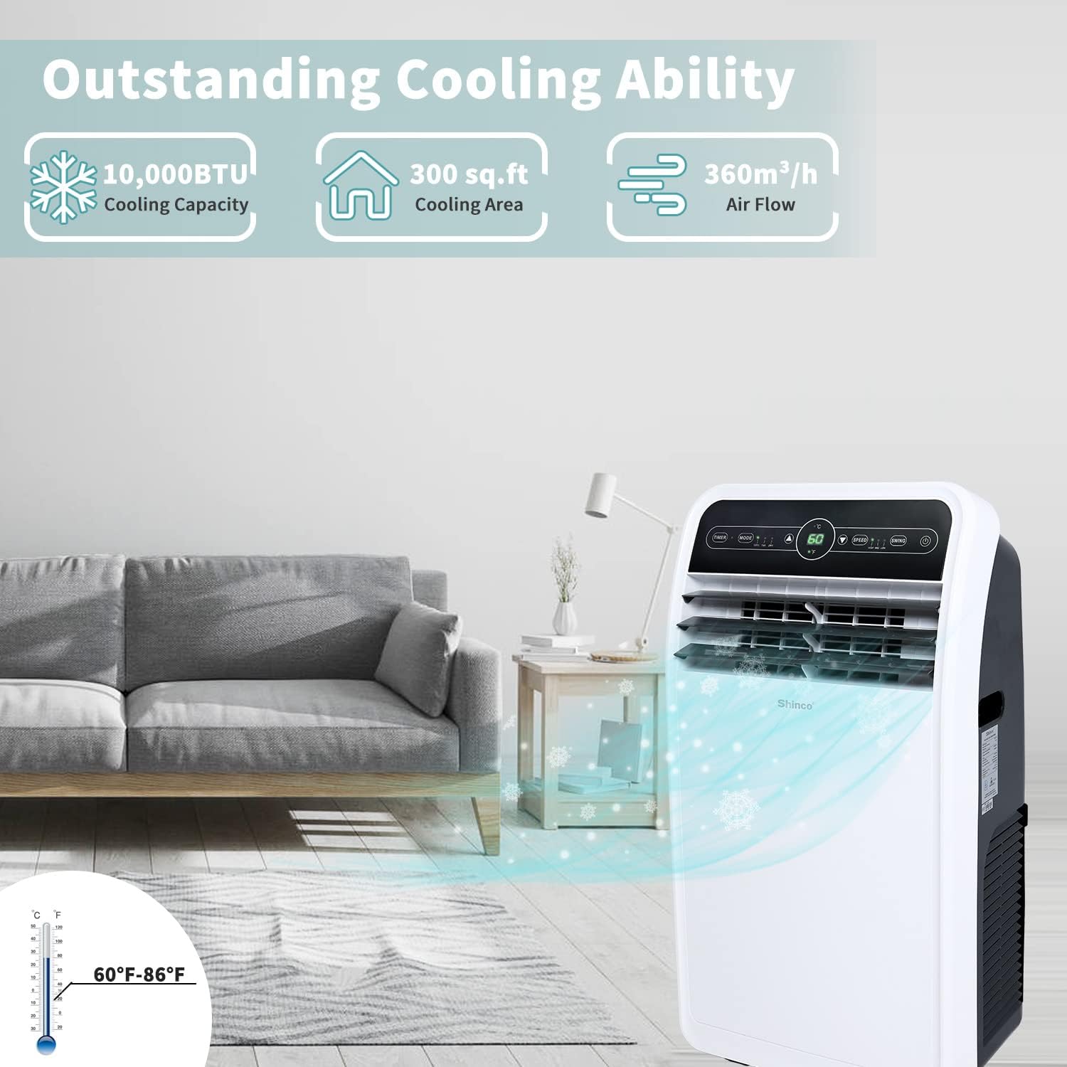 Shinco 10,000 BTU Portable Air Conditioner, Portable AC Unit with Built-in Cool, Dehumidifier & Fan Modes for Room up to 300 sq.ft, RC, Wi-Fi Enabled, 24 Hour Timer, Window Kit