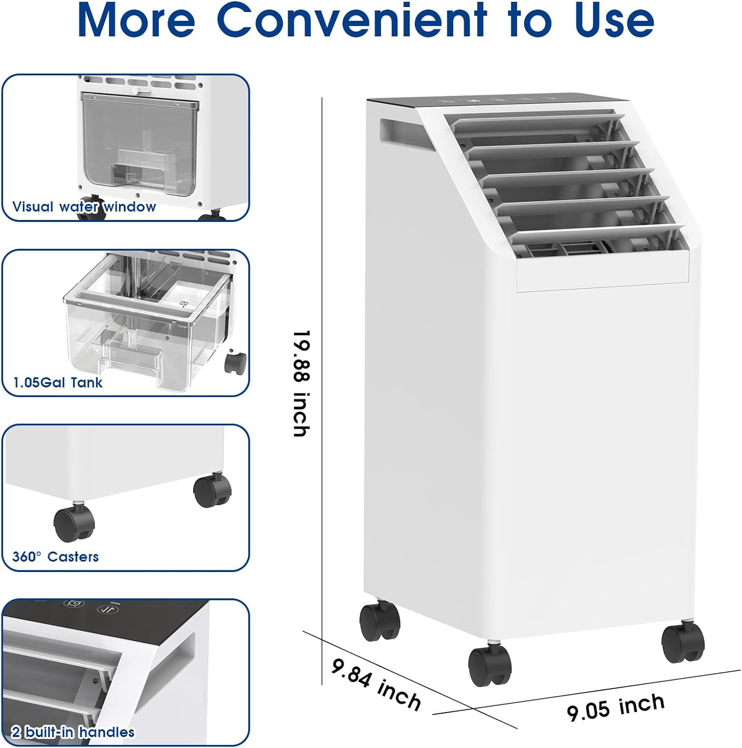 3-IN-1 Windowless Portable Air Conditioner, Evaporative Air Cooler with 90° Oscillation, 3 Speeds, Remote, 1 Gal Water Tank, 4 Ice Packs, Timer, Fast Cooling Fan for Indoor (white, 1.05 Gal)