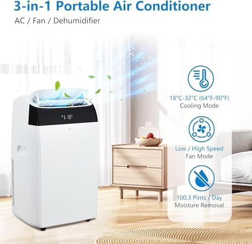 14000BTU Portable Air Conditioner With Remote Control, Dehumidifier, Fan, 3-In-1 Stand UP AC Units Cool Up to 750 Sq. Ft., LED Touch Control, 24-Hour Timer, Window Vent Kit