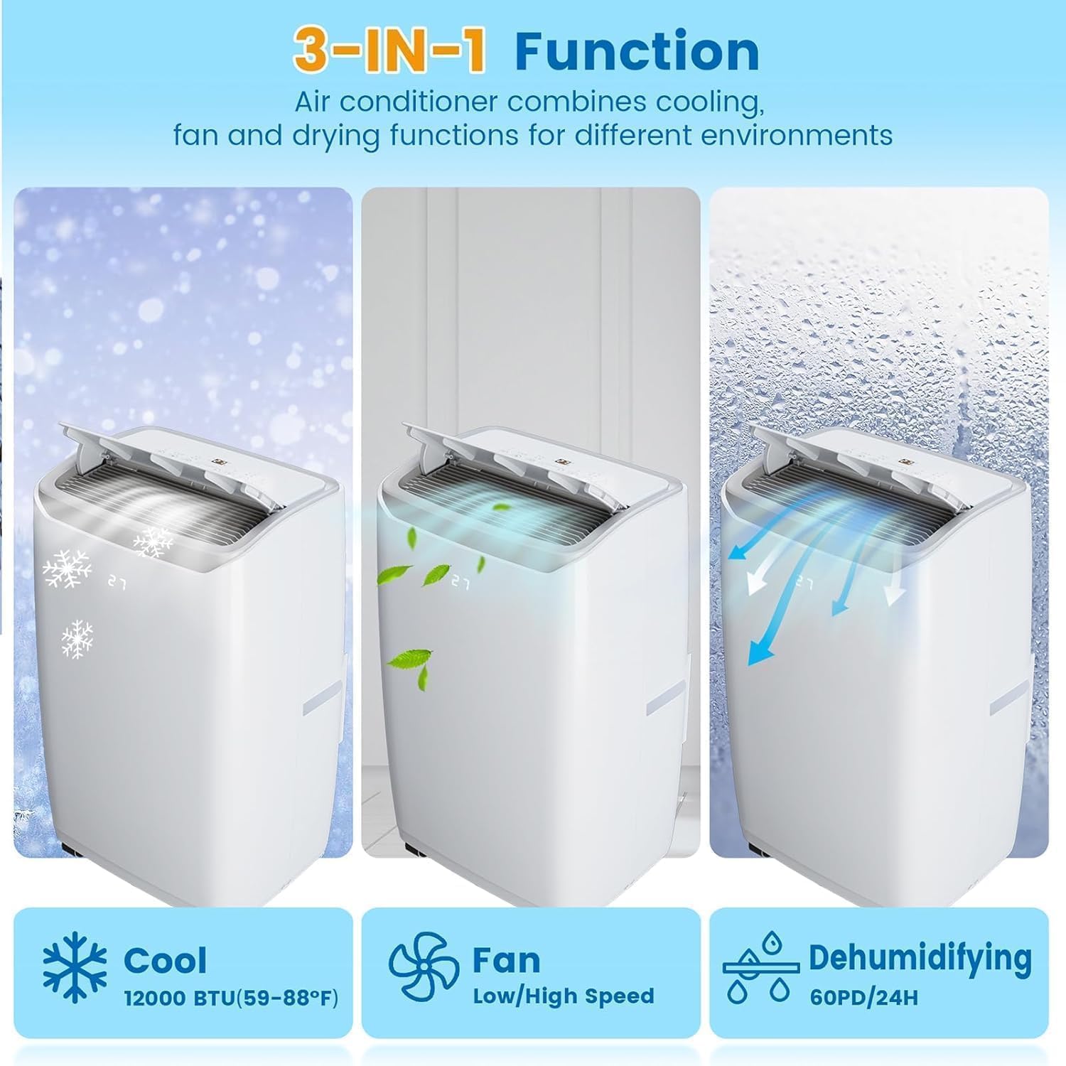 14000 BTU Portable Air Conditioner with Cooling, Heating, Dehumidifier, 24H Timer, Remote Control, Cools Rooms up to 750 Sq. Ft, Air Cooling Fan for Home and Office, White