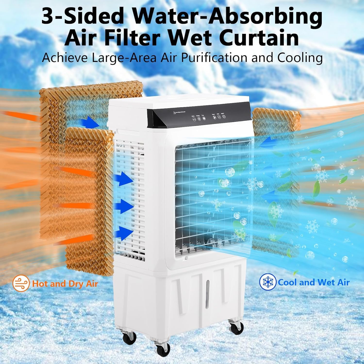 Evaporative Air Cooler, 3500CFM Portable Swamp Cooler with Remote Control & 12H Timer, 3 Cooling Modes & 3 Speeds, Includes 4 Ice Packs, 8.4 Gallon Water Tank, 4 Lockable Casters
