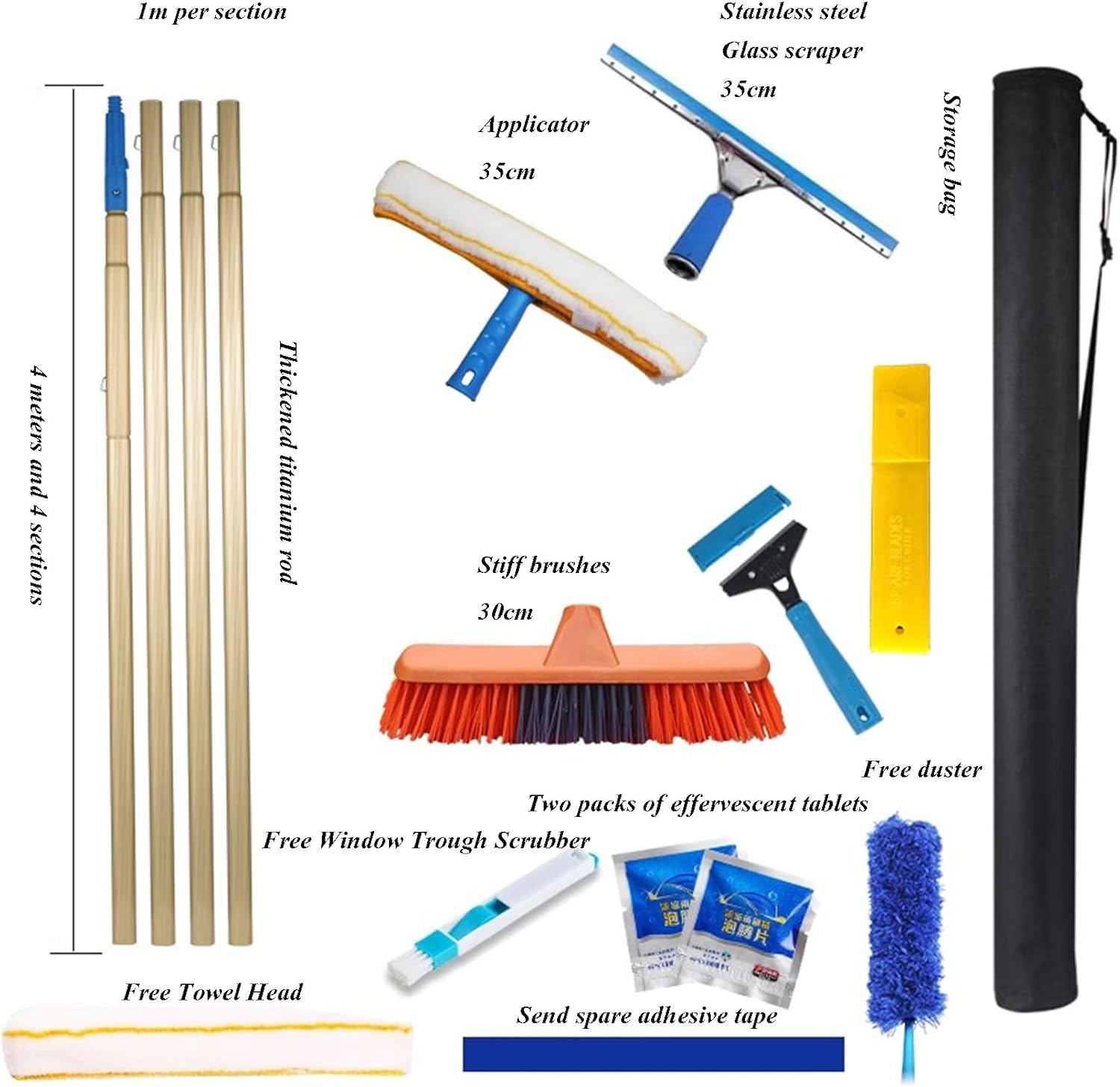 Adjustable Window Cleaning Pole Kit with Multiple Cleaning Tools and BrushHead, Aluminum Handle, Indoor/Outdoor, High Windows, Caravan, Solar Panel, Deck Cleaner