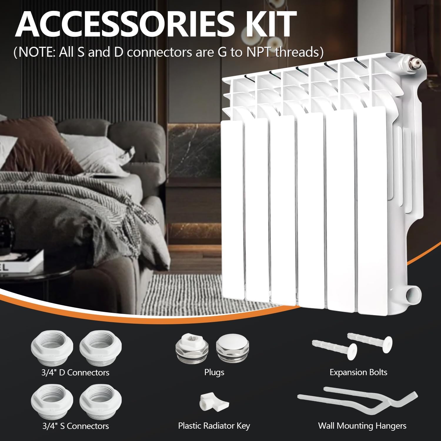 Quiet Energy Saving Hot Water Radiator, 10-Panel Wall-Mounted Aluminum Radiator Heater for Kitchen, Bathroom and Bedroom