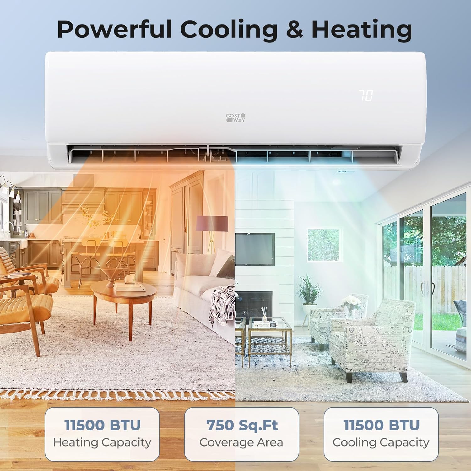 COSTWAY 11500 BTU Mini Split Air Conditioner, 115V 17 SEER2 Wifi Enabled Inverter Air Conditioner & Heater Pump System Cools Up to 750 Sq. Ft, Compatible with Alexa, w/Installation Kit