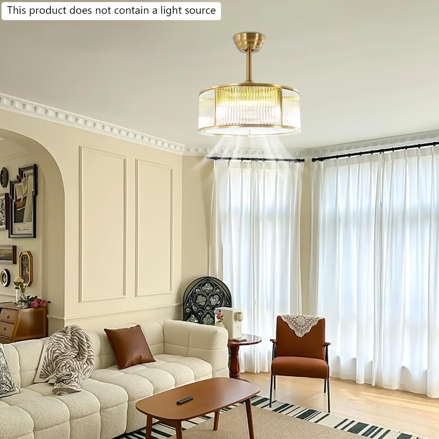 18 Inch Gold Fandelier Crystal Ceiling Fan with Light, Enclosed Modern Ceiling Fan Industrial Caged Chandelier Fan with 6-Speed Reversible for Bedroom Living Room Dining Room Kitchen Indoor