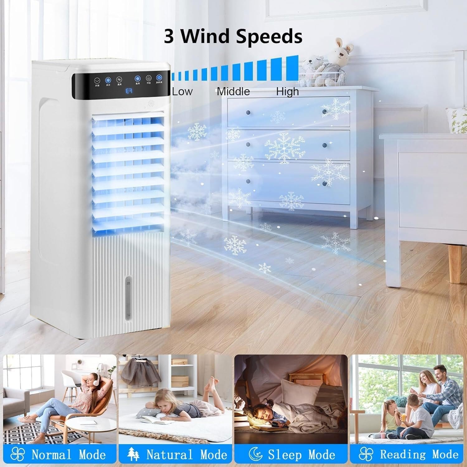 Portable Air Conditioners 3-in-1 Cooling Fan with 5L Tank, 3 Speeds, 46dB Quiet, 12H Timer, Ice Box, Drainage for Room, Office & Camping