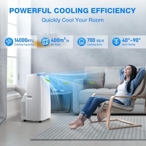 Air Choice 14000 BTU Portable Air Conditioner, 4-in-1 Air Conditioner Portable for Room Up to 700 Sq.Ft. with Remote, Auto Swing, Quiet AC Unit as Heater Dehumidifier Fan, 24H Timer, Window Kit, White