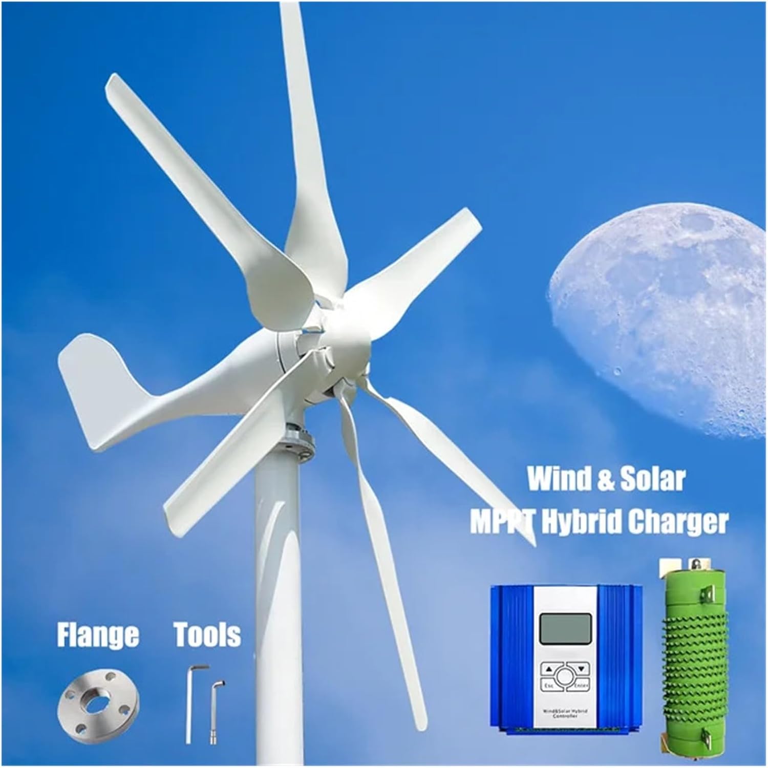 2000W Windmill 12V 24V 48V 6 Blades Wind Turbine Generator with MPPT Controller Low Start Wind Speed Home Appliance Industrial Energy(with Hybrid Charger,24V)