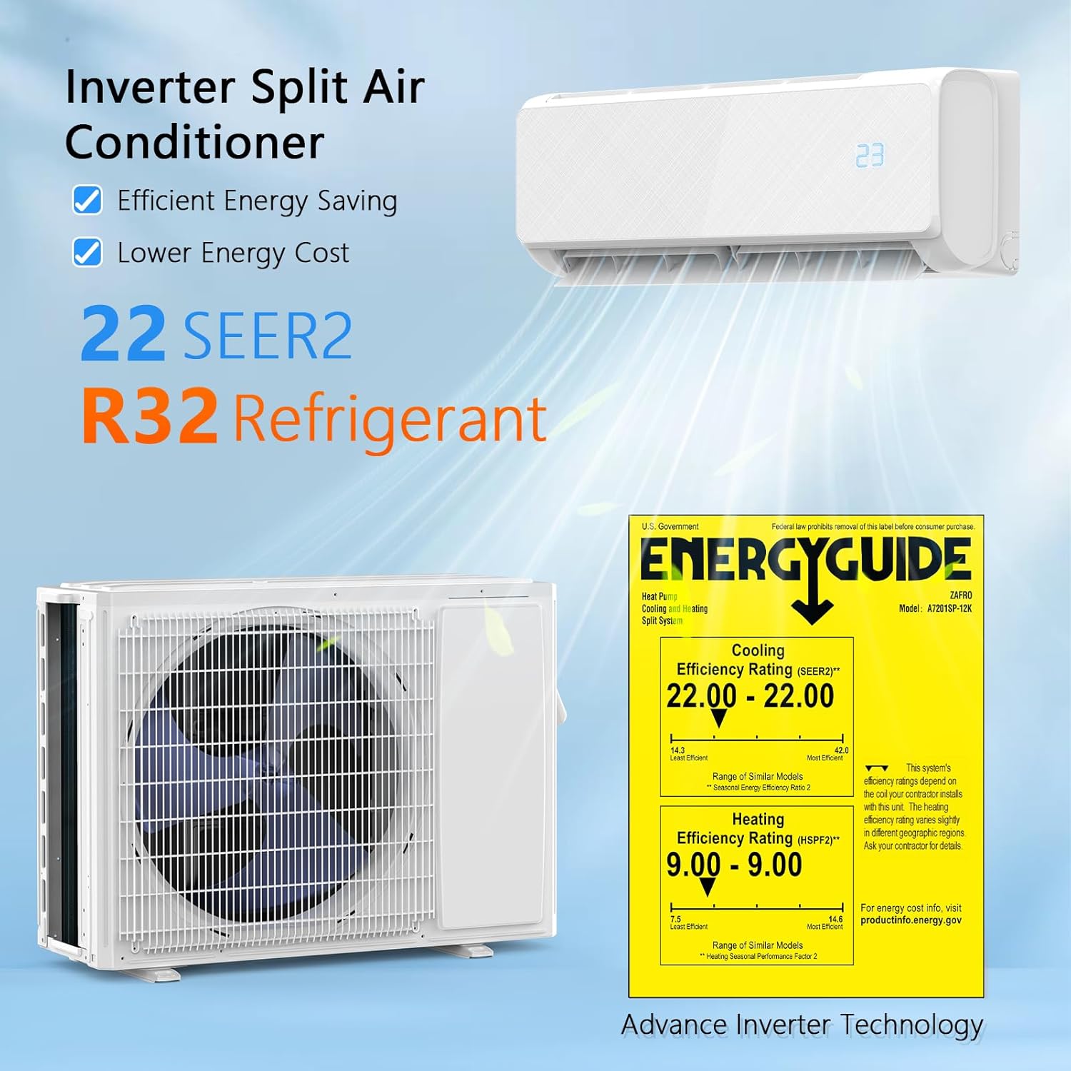 12000 BTU Mini Split Air Conditioner & Heat Pump – Inverter SEER2 22 115V, Energy Star, Ultra Quiet, with Child Lock, Self-Cleaning, Cools and Heats Up to 750 Sq.ft, Easy Installation Kit