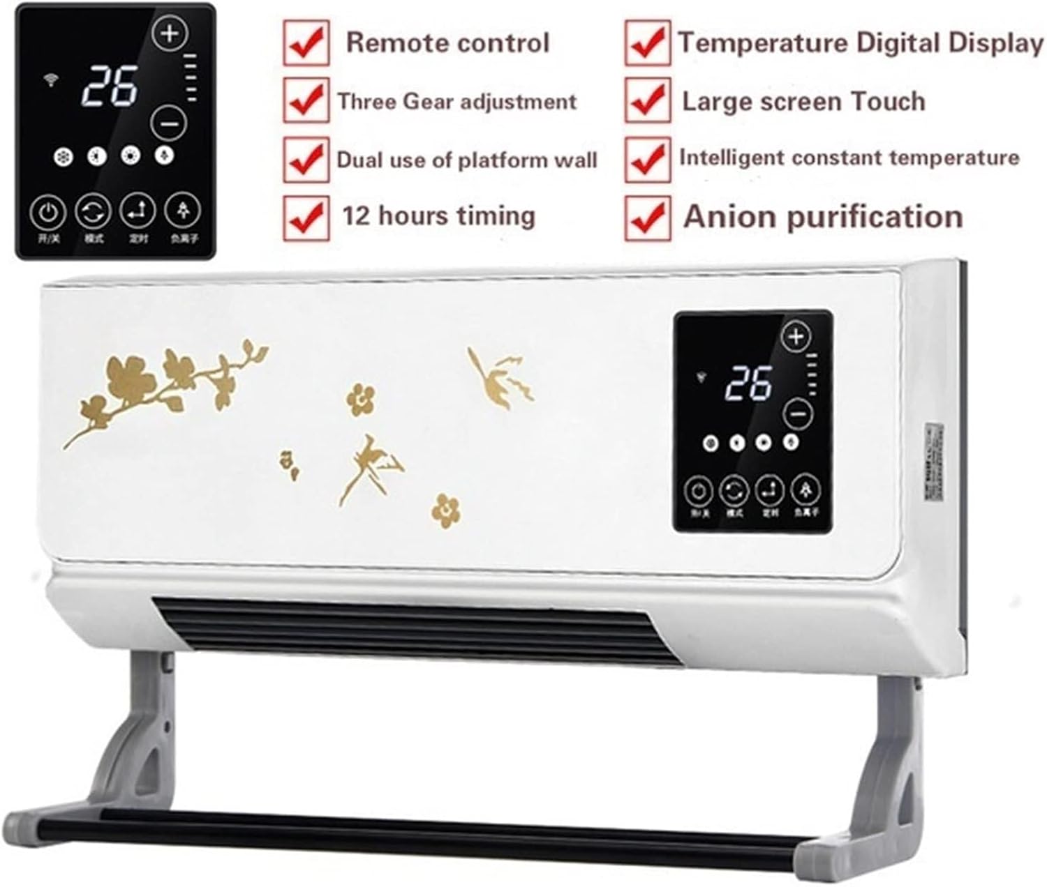 Space Heater 2000W Wall Mounted Air Cooler Conditioner Heater Fan Heating Cooling Room Bathroom Waterproof Remote Timing Air Conditioning Fan Electric Heaters(Grey) (Gold 2000W)