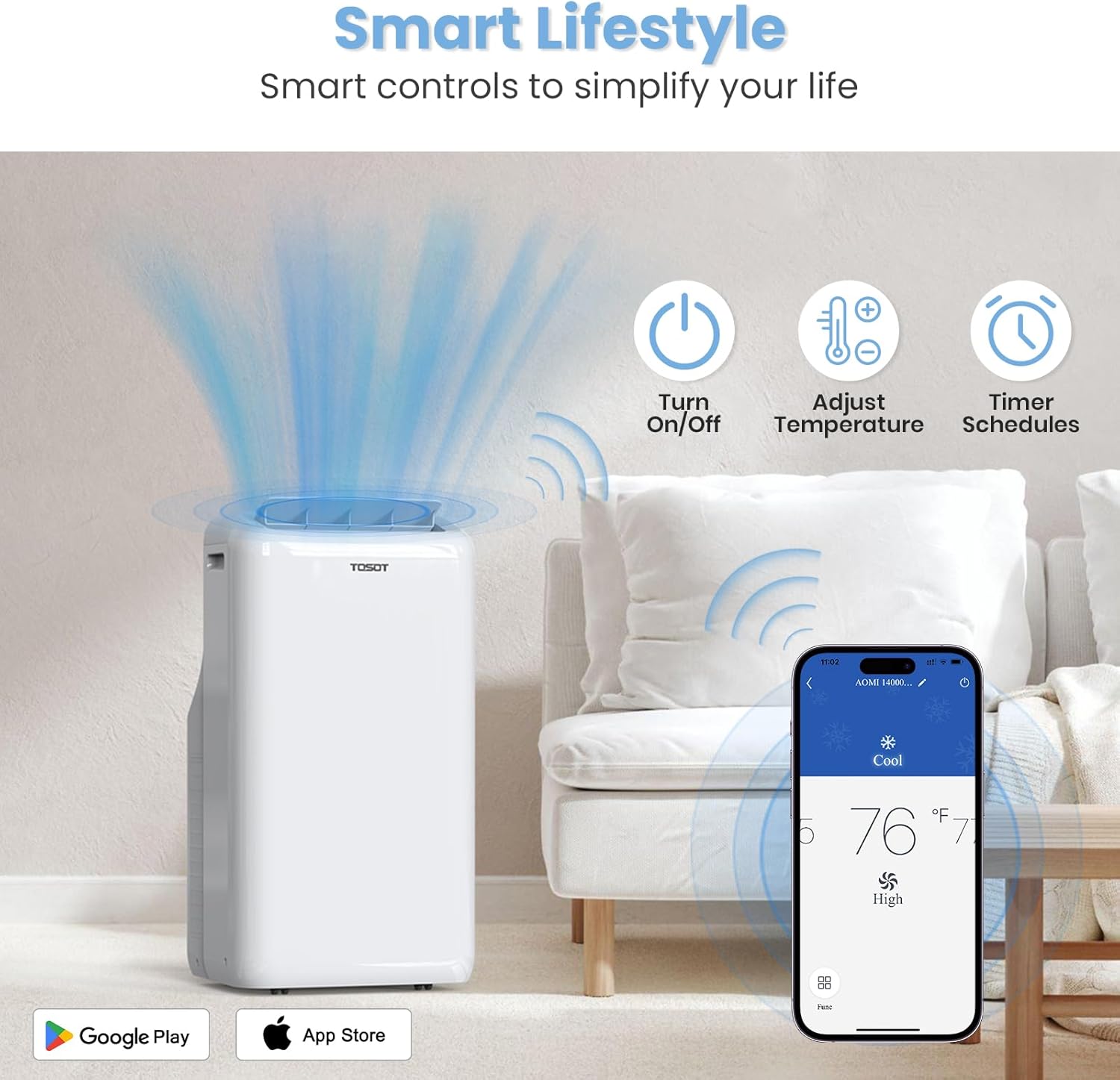 TOSOT 14,000BTU (9,600 BTU SACC) Smart WiFi Portable Air Conditioner with Heater, Powerful Cooling Auto Swing, Dehumidifier, Fan, 24H Timer for Large Room Up to 600 sq ft, AOMI Series