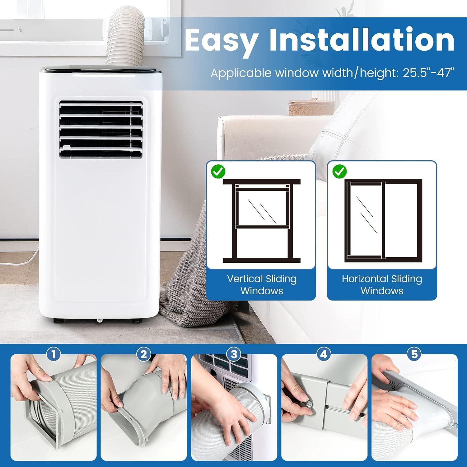 ARLIME Portable Air Conditioners, 9000 BTU Air Unit, Fan & Dehumidifier w/ 24H Timer, LED Display, 2 Fan Speeds, Sleep Mode, 4 Wheels, Remote Control, Installation Kit for Room up to 280 Sq. Ft