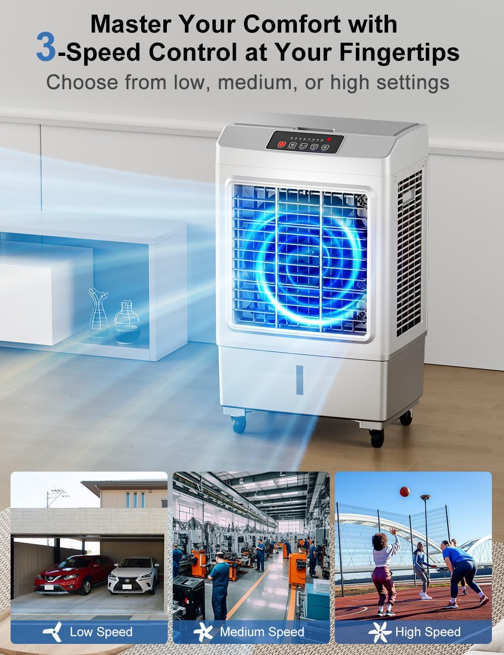 Large Swamp Cooler Air Conditioner, 2200CFM Evaporative Air Cooler, 7H Timer & 8 Gal Water Tank, 100°Oscillation, 3 Speeds & 3 Ice Boxes,Remote, Portable Air Conditioner for Garage, Large