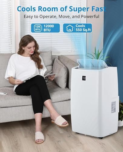 12000 BTUs Portable Air Conditioner, 4 in-1 Quiet Portable AC Unit with Dehumidifier Fan Function, Cools Room up to 550 sq.ft, with Remote Control & 24H Timers, Windows Kit Included