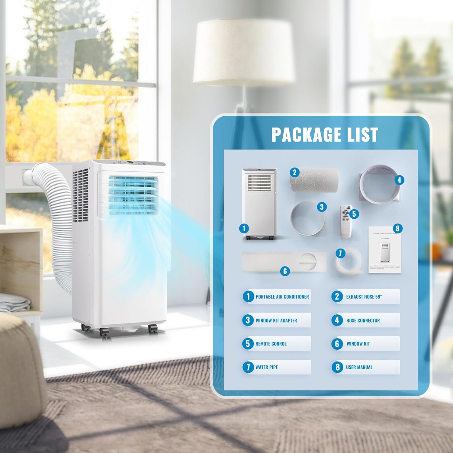 WANAI Portable Air Conditioner Standing Floor 8,000 BTU ASHARE(5,000 BTU SACC) AC Unit with Built-in Dehumidifier & Fan, Remote Control and Window Installation Kit Included, LED Display, White