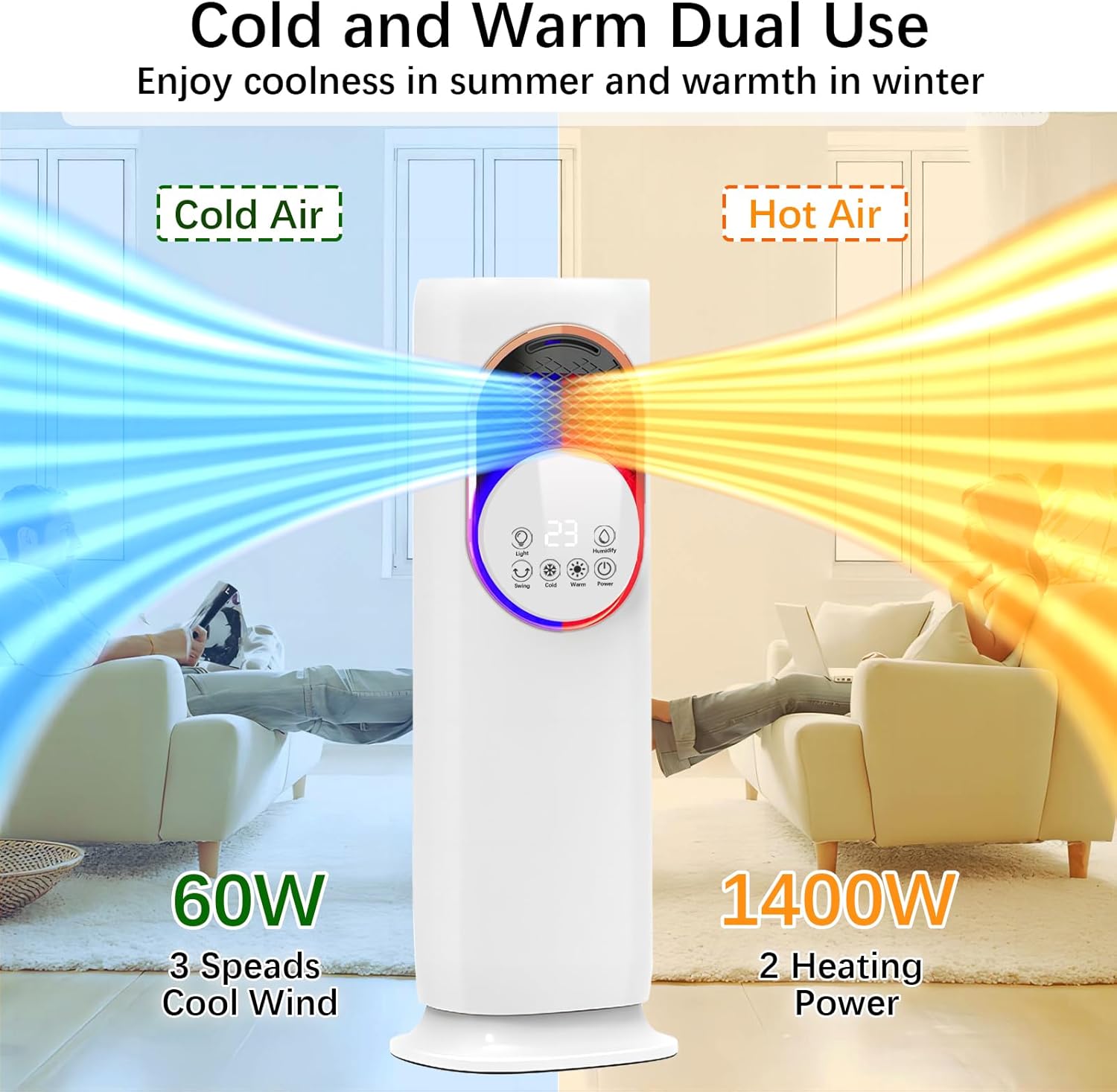 Tower Fan and Heater Combo with Humidification, 32inch Bladeless Fan and Heater with Remote Control, Touch, 180° Oscillating, 2 Speed Heating, 3 Speed Cooling, 9H Timer Tip-over & Overheat Protection